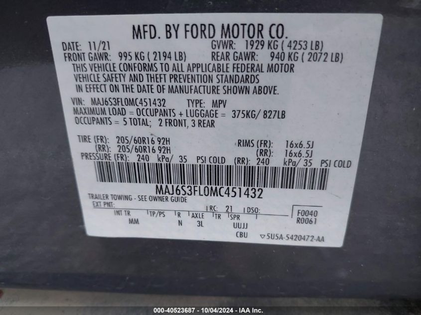 MAJ6S3FL0MC451432 2021 Ford Ecosport S