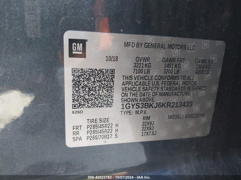 2019 CADILLAC ESCALADE VIN: 1GYS3BKJ6KR213433
