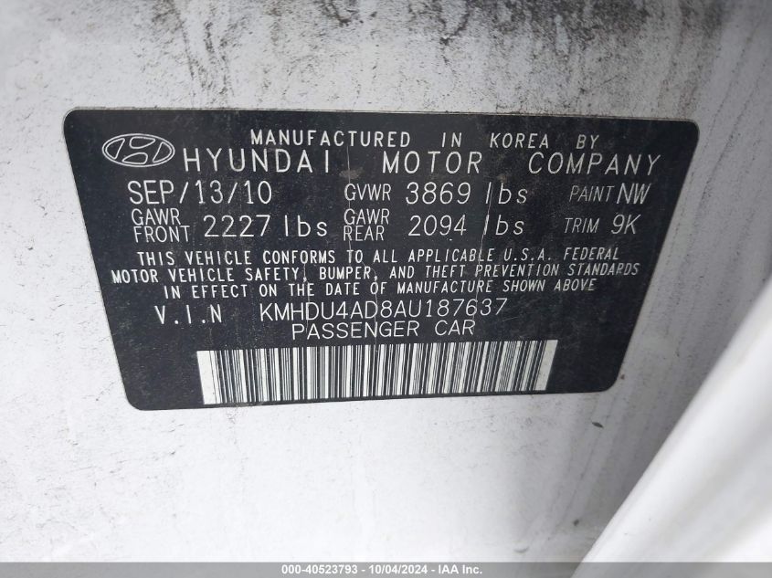 KMHDU4AD8AU187637 2010 Hyundai Elantra Gls