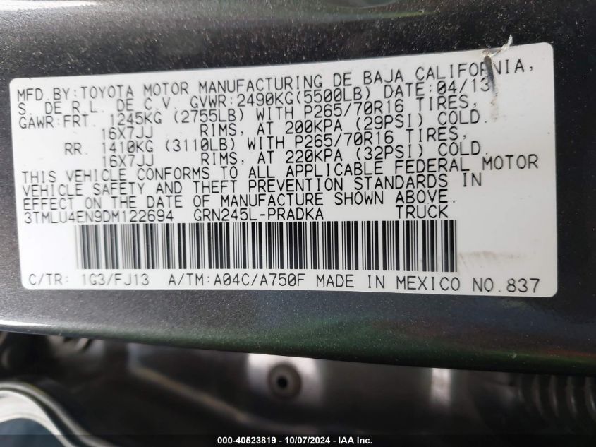 3TMLU4EN9DM122694 2013 Toyota Tacoma Base V6