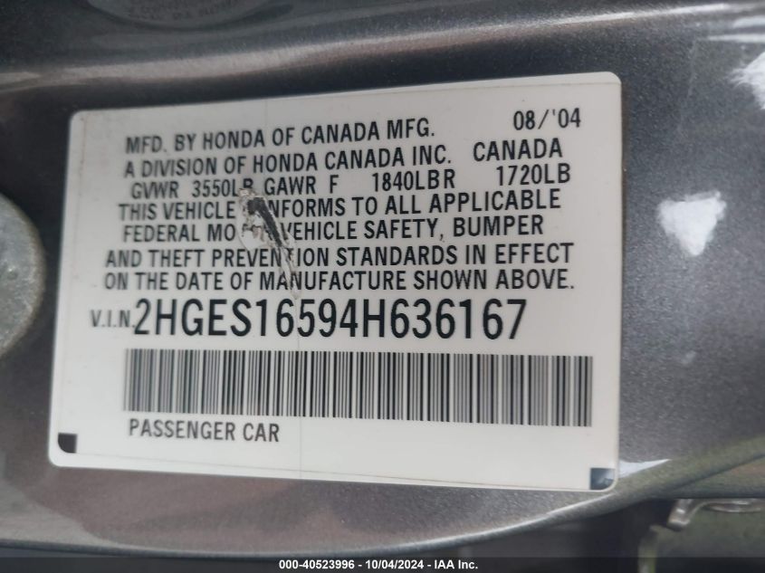 2HGES16594H636167 2004 Honda Civic Lx