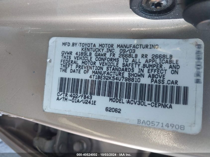 4T1BE32K54U798810 2004 Toyota Camry Le