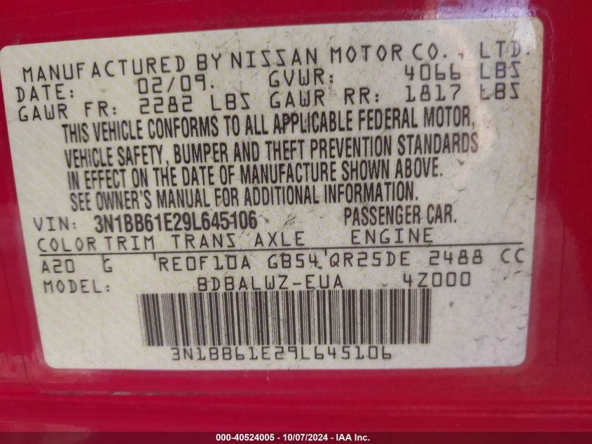 3N1BB61E29L645106 2009 Nissan Sentra Se-R