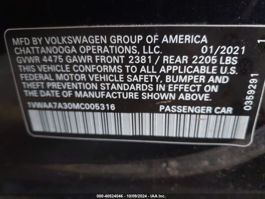 2021 Volkswagen Passat 2.0T S VIN: 1VWAA7A30MC005316 Lot: 40524046