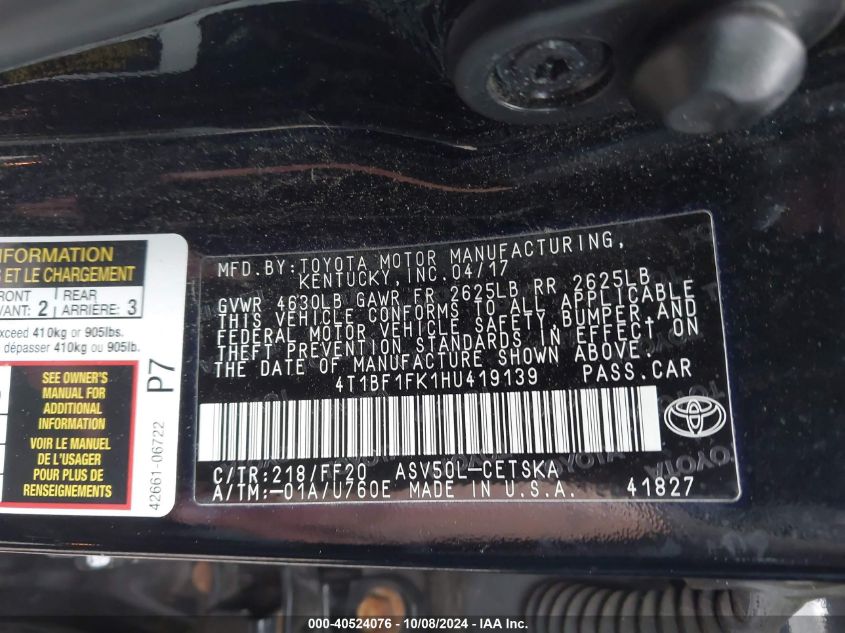 4T1BF1FK1HU419139 2017 Toyota Camry Se