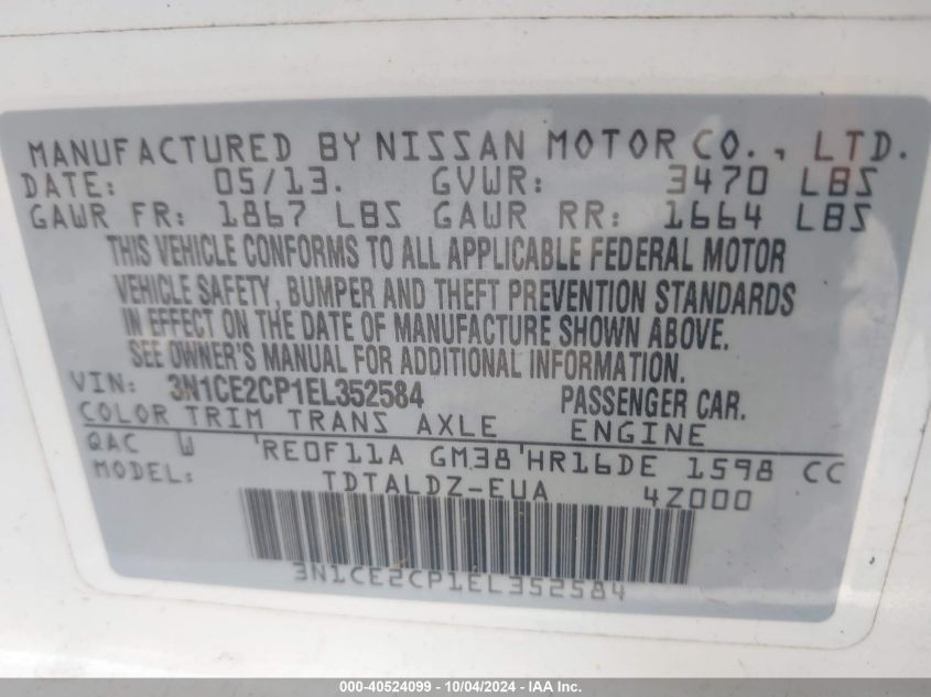 3N1CE2CP1EL352584 2014 Nissan Versa Note Sv