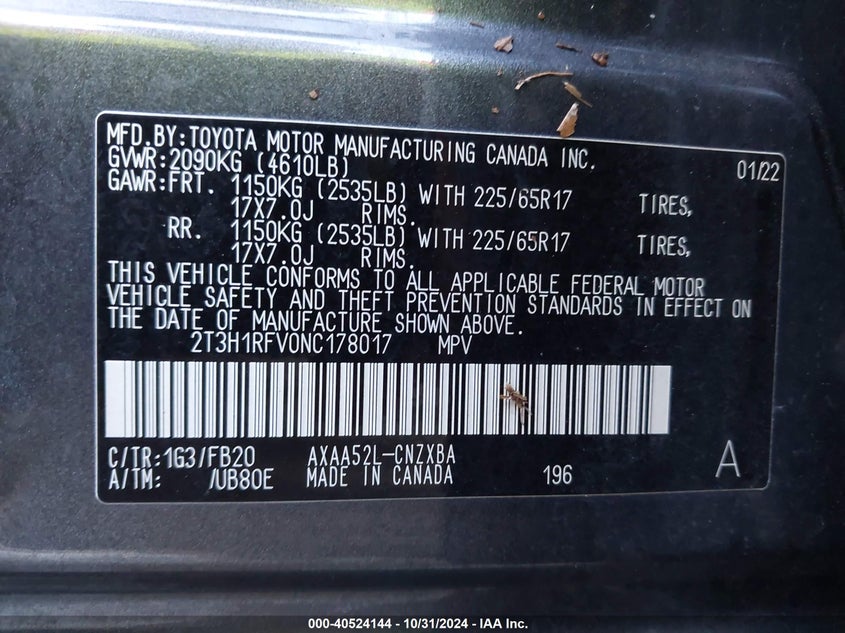 VIN 2T3H1RFV0NC178017 2022 TOYOTA RAV4 LE
