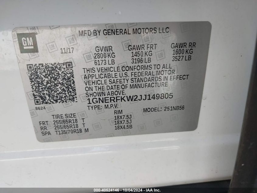 1GNERFKW2JJ149805 2018 Chevrolet Traverse Ls