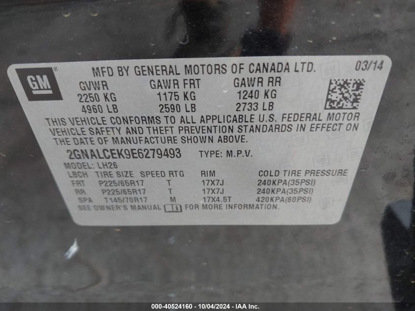 2GNALCEK9E6279493 2014 Chevrolet Equinox 2Lt