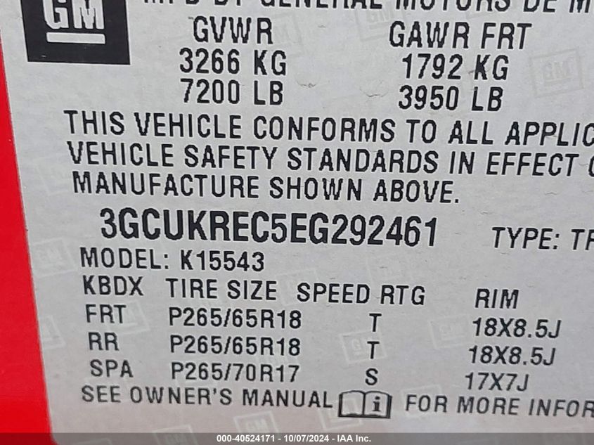 3GCUKREC5EG292461 2014 Chevrolet Silverado 1500 1Lt