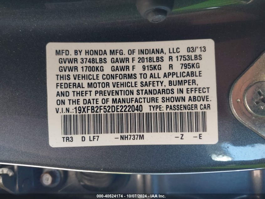 19XFB2F52DE222040 2013 Honda Civic Lx