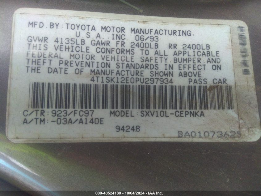 4T1SK12E0PU297934 1993 Toyota Camry Le