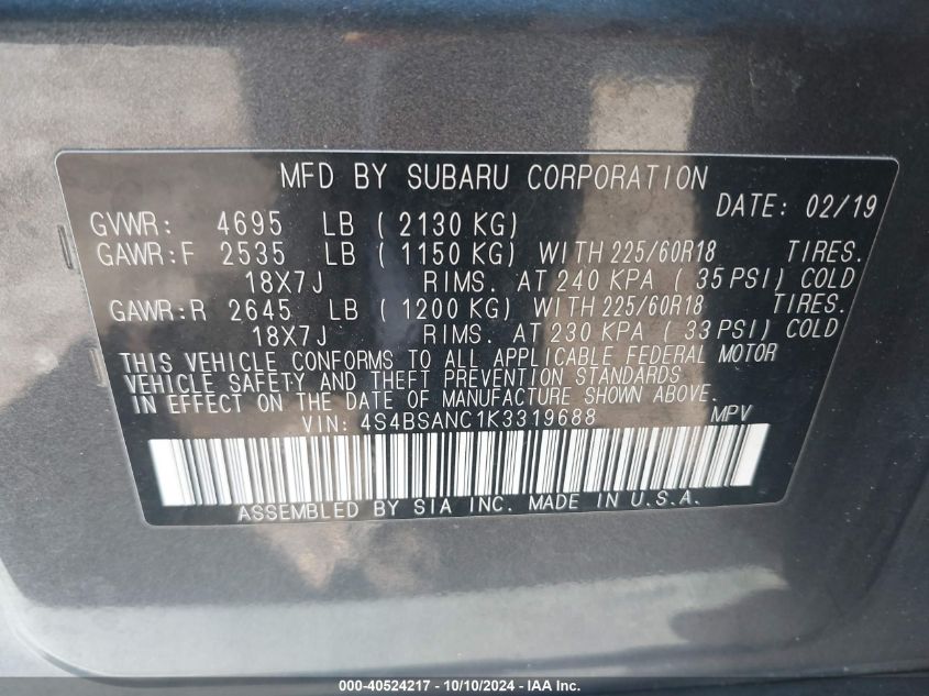 4S4BSANC1K3319688 2019 Subaru Outback 2.5I Limited