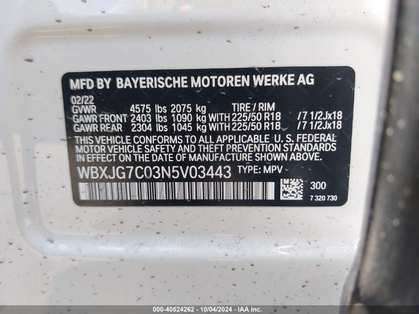 2022 BMW X1 Sdrive28I VIN: WBXJG7C03N5V03443 Lot: 40524262