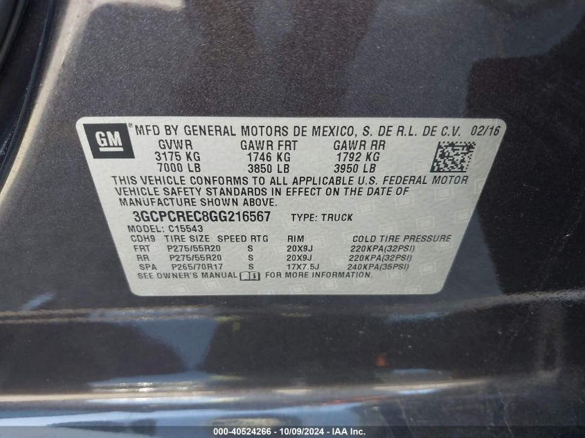 3GCPCREC8GG216567 2016 Chevrolet Silverado 1500 1Lt