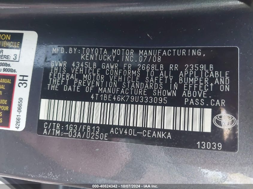 4T1BE46K79U333095 2009 Toyota Camry Se/Le/Xle