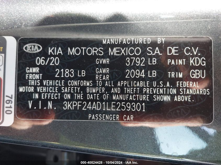 2020 Kia Forte Lxs VIN: 3KPF24AD1LE259301 Lot: 40524428