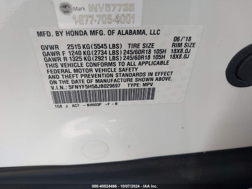 5FNYF5H58JB029697 2018 Honda Pilot Ex-L