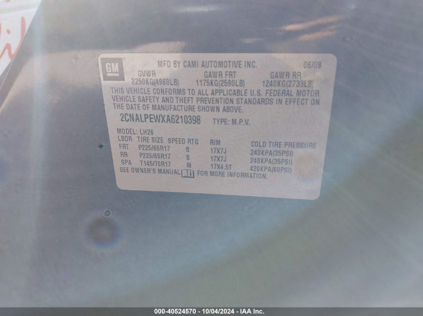 2CNALPEWXA6210398 2010 Chevrolet Equinox Lt