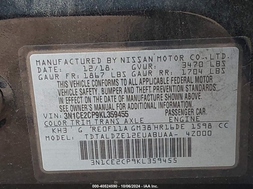 3N1CE2CP9KL359455 2019 Nissan Versa Note S/Sr/Sv