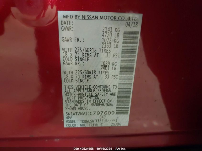 2018 Nissan Rogue Sl VIN: 5N1AT2MV1JC797609 Lot: 40524658