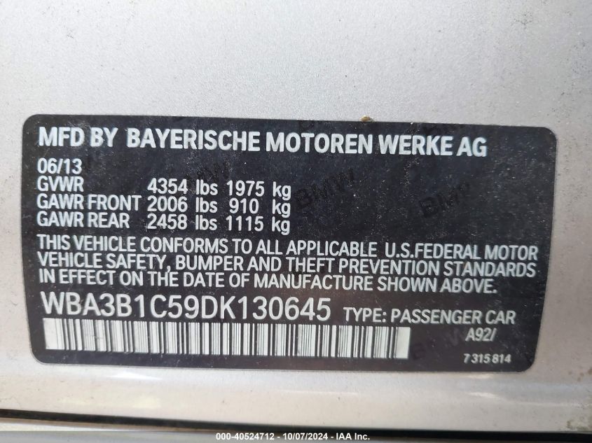 WBA3B1C59DK130645 2013 BMW 3 Series 320I Rwd