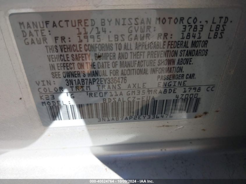 3N1AB7AP2EY336476 2014 Nissan Sentra S/Sv/Sr/Sl