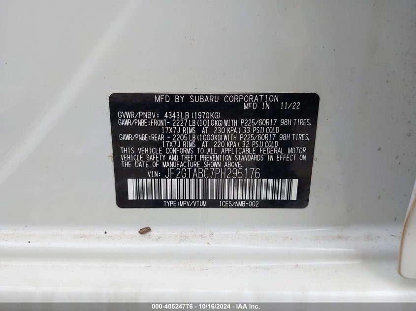 2023 SUBARU CROSSTREK 2.0L H-4 DI, DOHC, V(VIN: JF2GTABC7PH295176