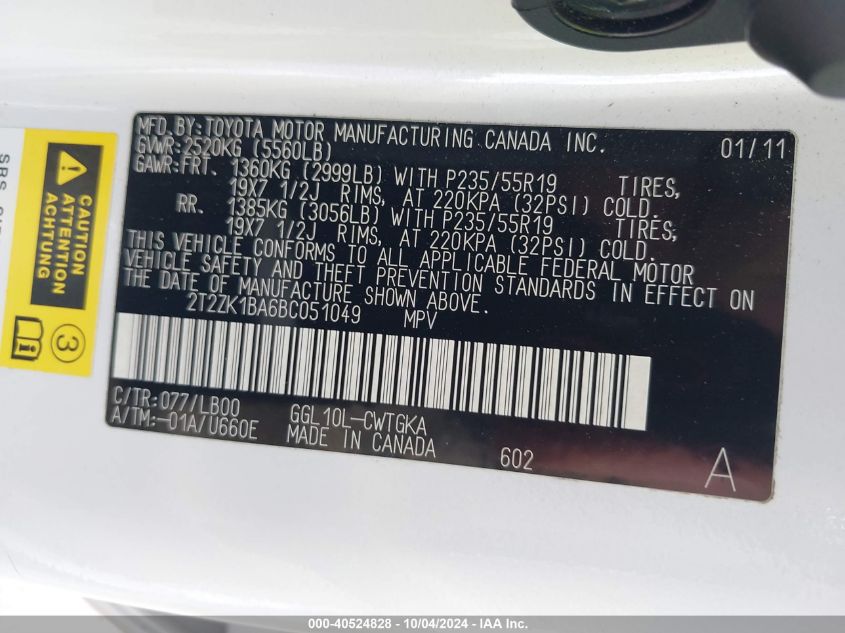 2T2ZK1BA6BC051049 2011 Lexus Rx 350