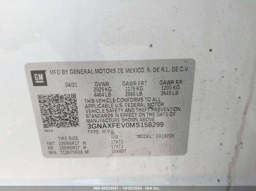 2021 Chevrolet Equinox Fwd 1Fl VIN: 3GNAXFEV0MS158299 Lot: 40524841