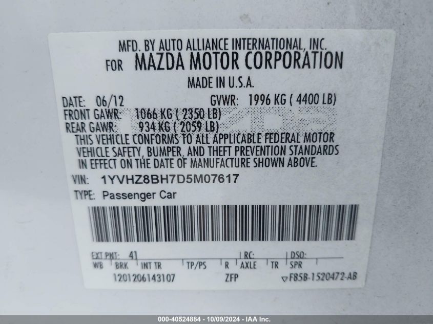 2013 Mazda Mazda6 I Sport VIN: 1YVHZ8BH7D5M07617 Lot: 40524884