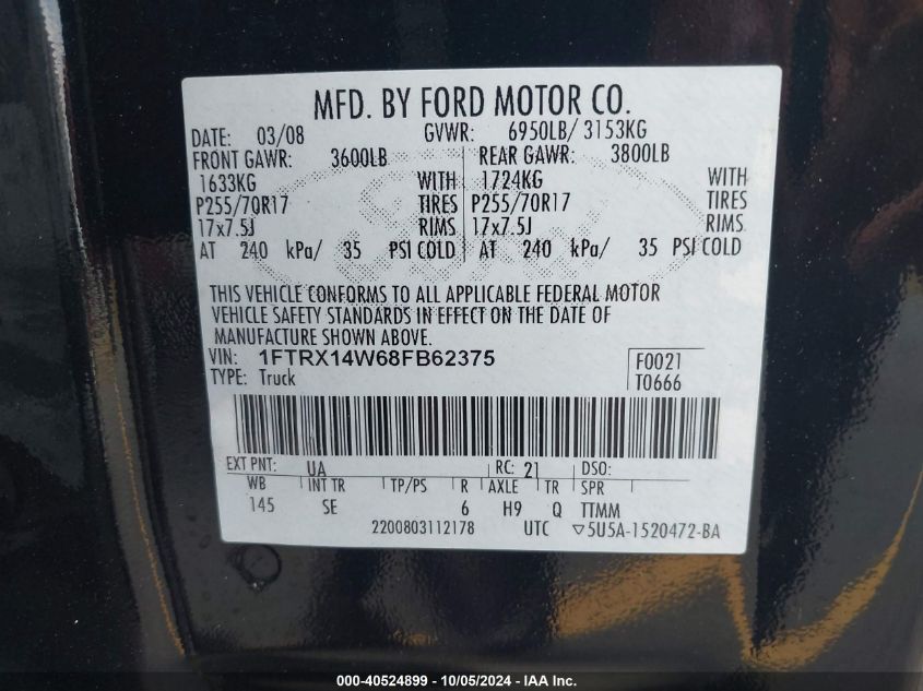 2008 Ford F-150 Stx/Xl/Xlt VIN: 1FTRX14W68FB62375 Lot: 40524899