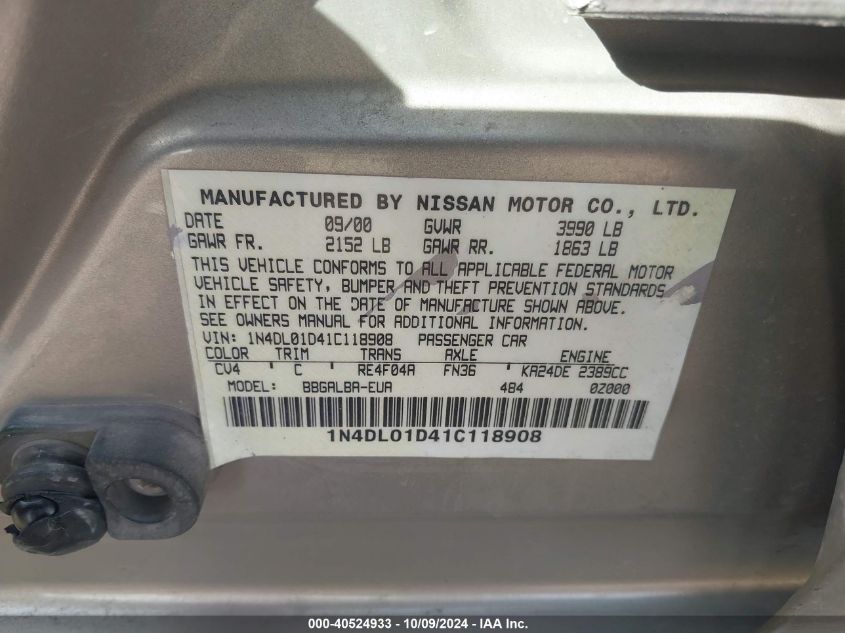 1N4DL01D41C118908 2001 Nissan Altima Gxe