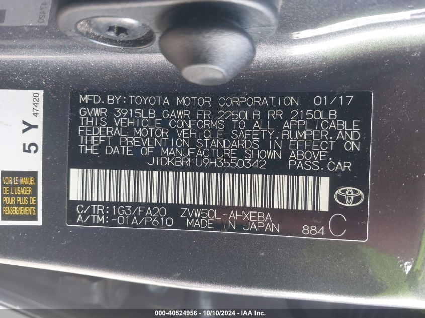 2017 Toyota Prius Two VIN: JTDKBRFU9H3550342 Lot: 40524956