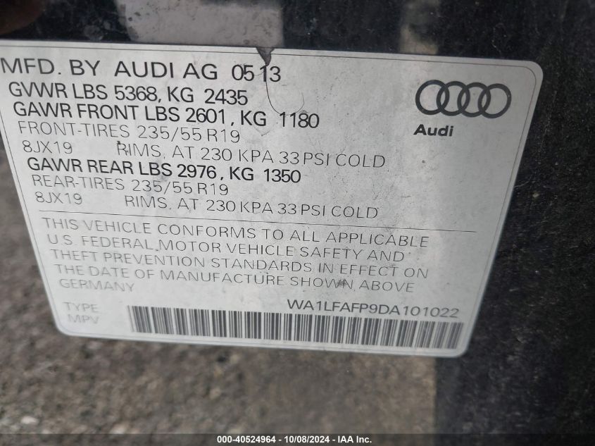 2013 Audi Q5 2.0T Premium VIN: WA1LFAFP9DA101022 Lot: 40524964