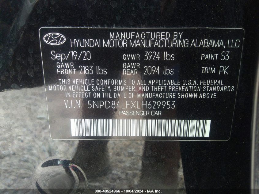 2020 Hyundai Elantra Sel VIN: 5NPD84LFXLH629953 Lot: 40524966