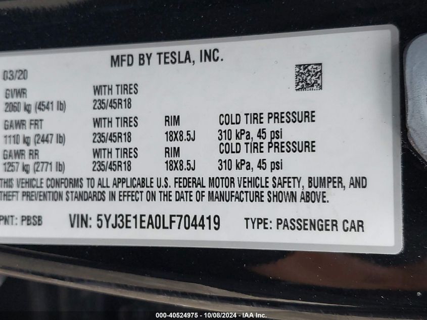 2020 Tesla Model 3 Standard Range Plus Rear-Wheel Drive/Standard Range Rear-Wheel Drive VIN: 5YJ3E1EA0LF704419 Lot: 40524975