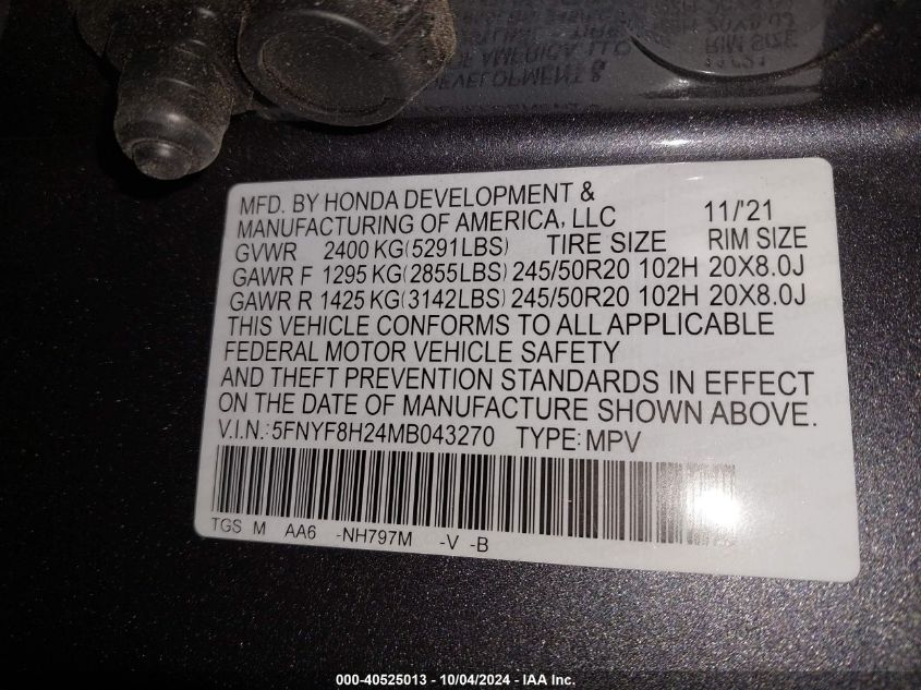 5FNYF8H24MB043270 2021 Honda Passport Awd Sport