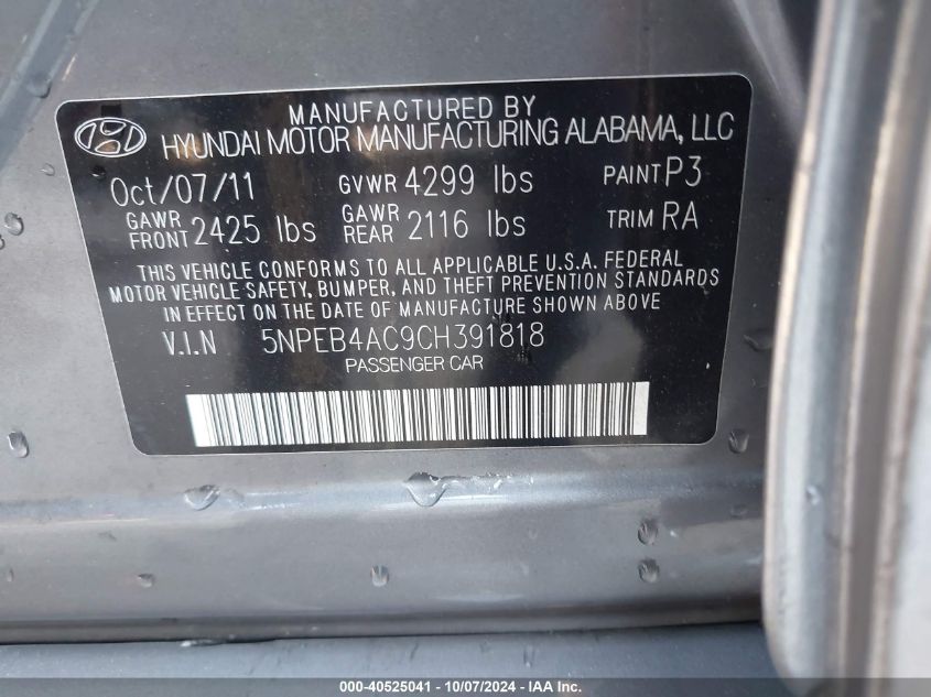 5NPEB4AC9CH391818 2012 Hyundai Sonata Gls