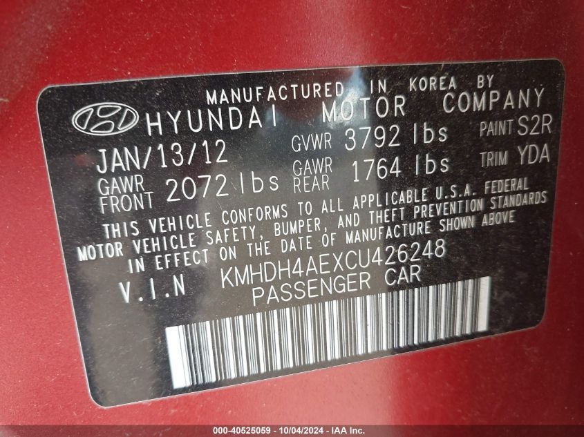 2012 Hyundai Elantra Gls (Ulsan Plant) VIN: KMHDH4AEXCU426248 Lot: 40525059