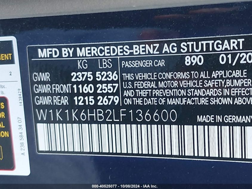 W1K1K6HB2LF136600 2020 Mercedes-Benz E 450