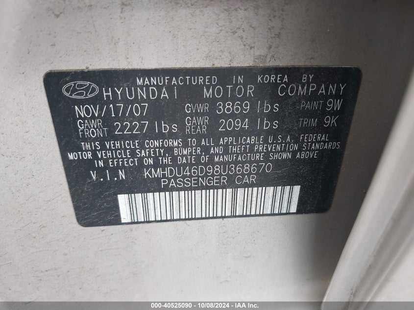 KMHDU46D98U368670 2008 Hyundai Elantra Gls/Se