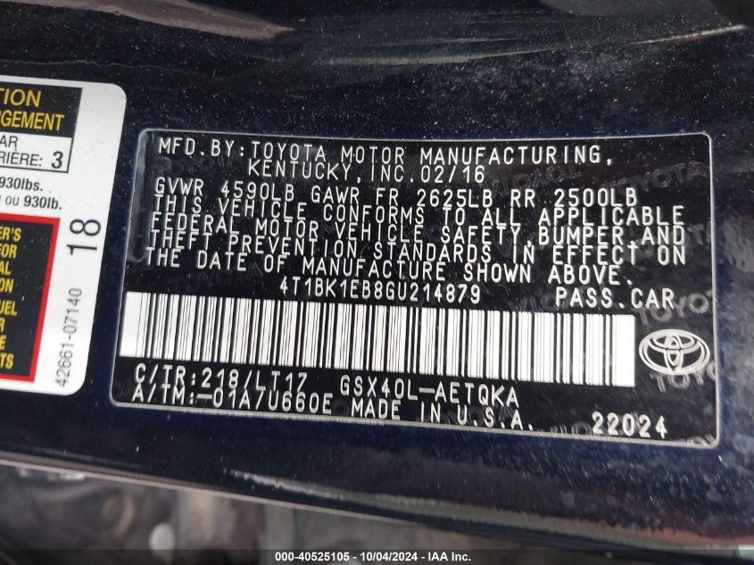 4T1BK1EB8GU214879 2016 Toyota Avalon Touring