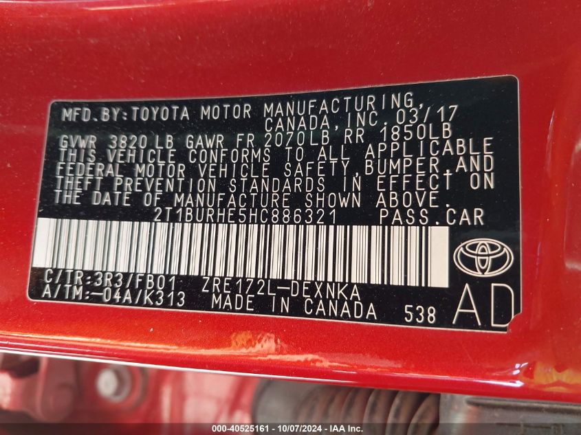 VIN 2T1BURHE5HC886321 2017 TOYOTA COROLLA LE