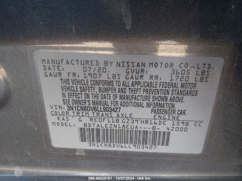 2020 Nissan Versa S Xtronic Cvt VIN: 3N1CN8DV6LL903427 Lot: 40525181