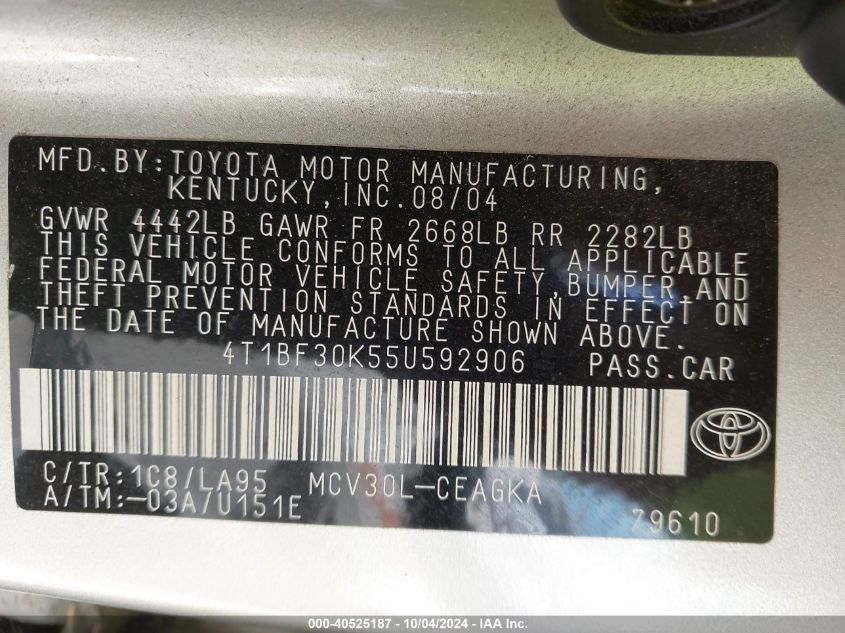 4T1BF30K55U592906 2005 Toyota Camry Xle V6