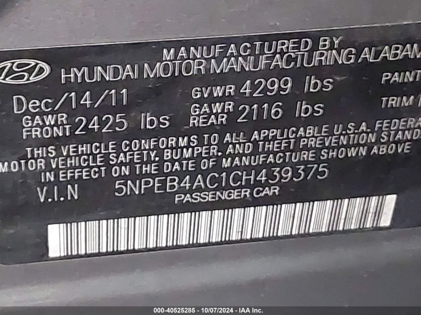 5NPEB4AC1CH439375 2012 Hyundai Sonata Gls