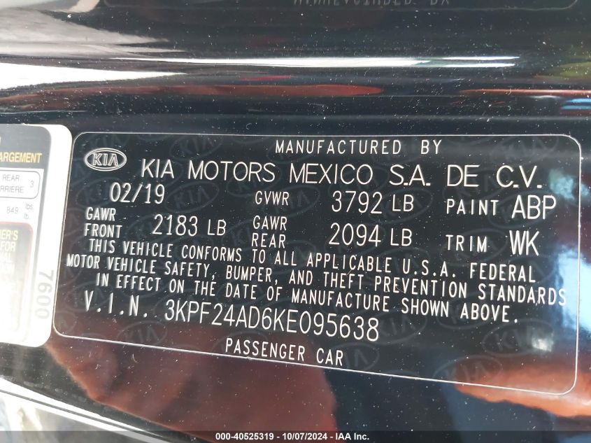 2019 Kia Forte Fe/Lx/Lxs VIN: 3KPF24AD6KE095638 Lot: 40525319