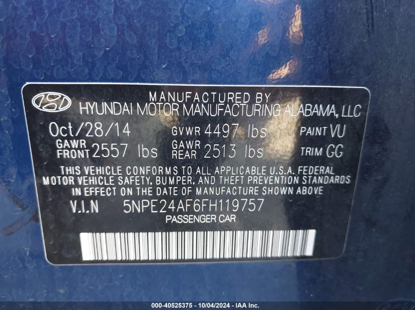 5NPE24AF6FH119757 2015 Hyundai Sonata Se