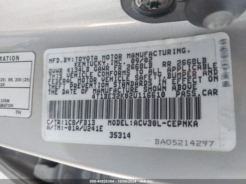 4T1BE32K02U116610 2002 Toyota Camry Le